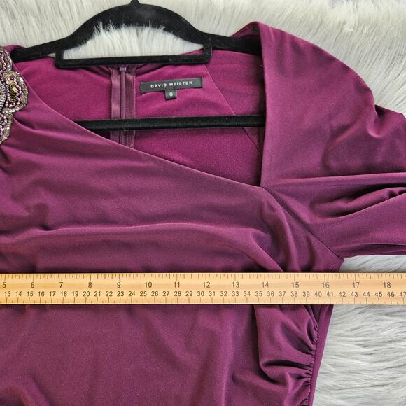 David Meister Size 6 Plum Cocktail Dress Ruched Midi Dress Beaded Elegant Party - Picture 13 of 15